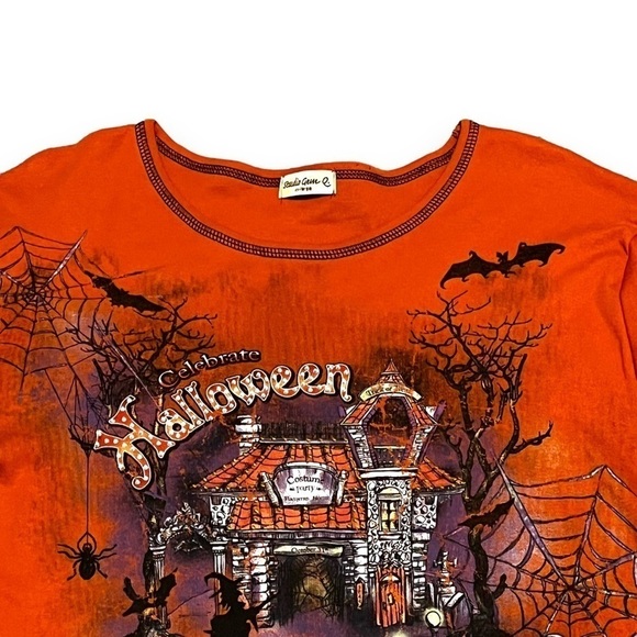 Y2K Halloween Knit Top Haunted House Pumpkins Cobwebs 2 sided Spooky Orange XXL - Picture 2 of 9
